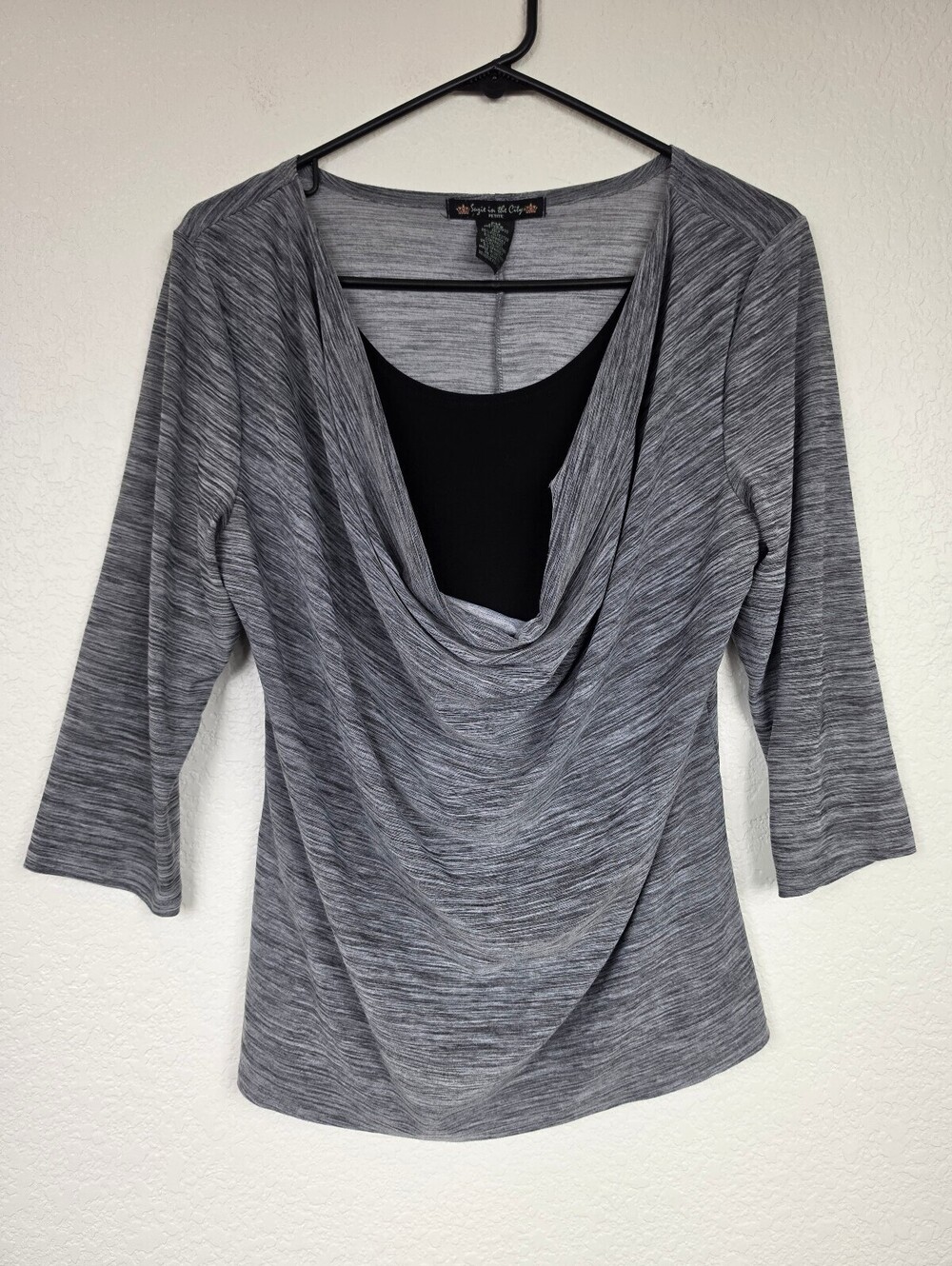 Suzie in the City Grey Petite PM Cowl Neck 3/4 Sleeve Top